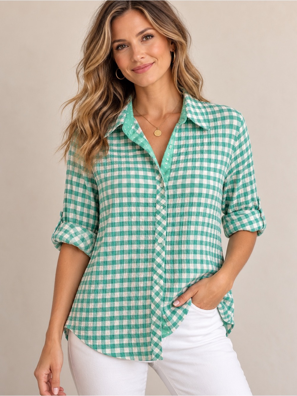 Allison Daley Green and White Gingham Button-Down Shirt